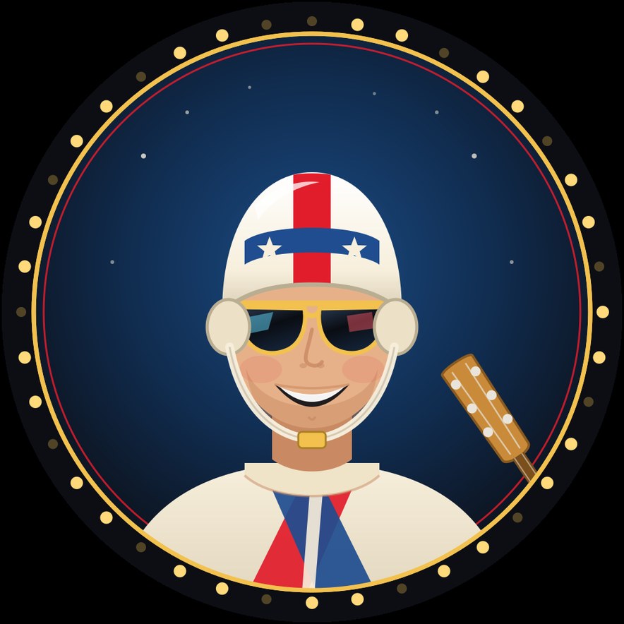 Ace — a stars-and-stripes daredevil mid-jump on a motorcycle, electric guitar slung over his shoulder
